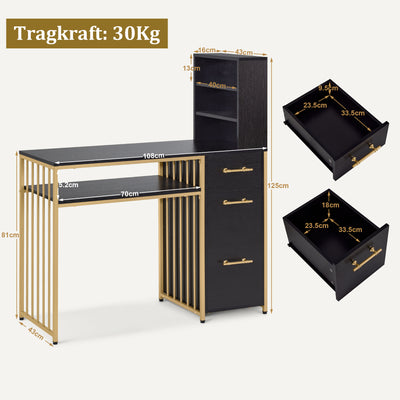 Barberpub Schreibtisch mit 3 Schubladen, Nageltisch aus Holz Metallgestell, Manikürtisch Marmor-Weiß Gold, Schminktisch ohne Spiegel Modern, Computertisch mit Regal Wohnzimmer, 43x108x125cm, 2420