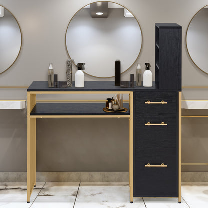 Barberpub Schreibtisch mit 3 Schubladen, Nageltisch aus Holz Metallgestell, Manikürtisch Marmor-Weiß Gold, Schminktisch ohne Spiegel Modern, Computertisch mit Regal Wohnzimmer, 43x108x125cm, 2420