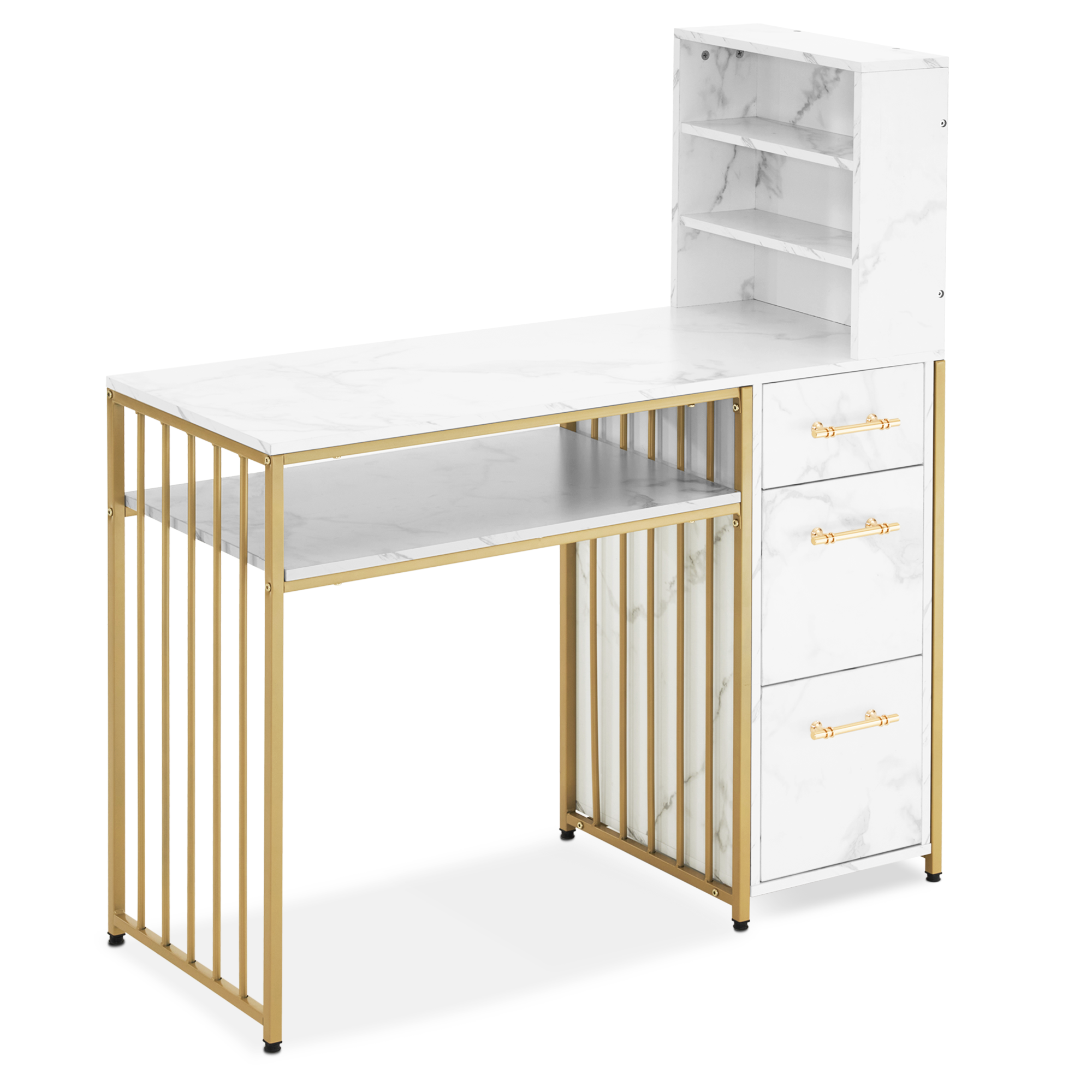 Bureau de barbier avec 3 tiroirs, table à ongles en bois avec cadre en métal, table de manucure en marbre blanc doré, coiffeuse moderne sans miroir, bureau d'ordinateur avec étagère pour le salon, 43 x 108 x 125 cm, 2420