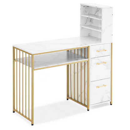 Barberpub Schreibtisch mit 3 Schubladen, Nageltisch aus Holz Metallgestell, Manikürtisch Marmor-Weiß Gold, Schminktisch ohne Spiegel Modern, Computertisch mit Regal Wohnzimmer, 43x108x125cm, 2420