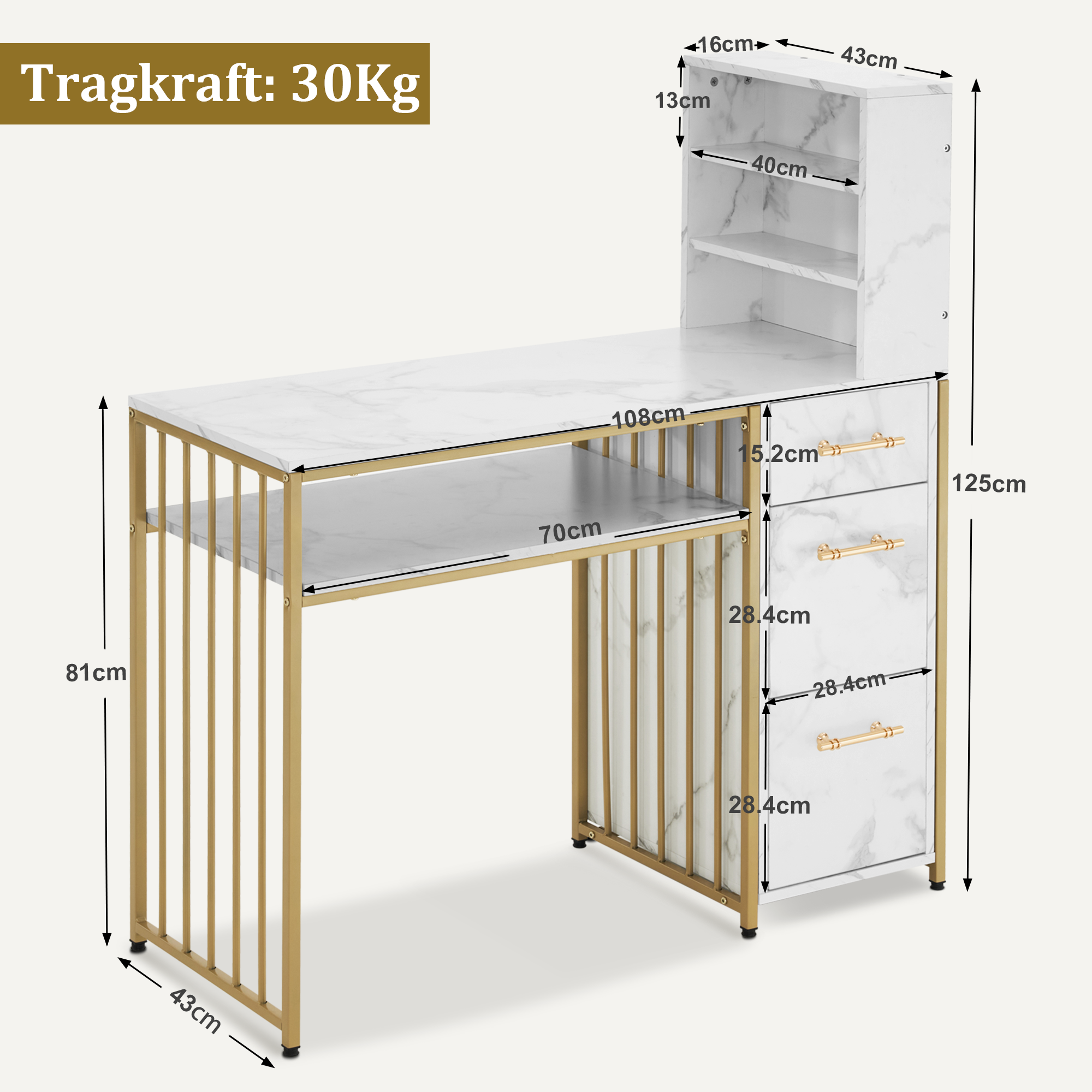 Bureau de barbier avec 3 tiroirs, table à ongles en bois avec cadre en métal, table de manucure en marbre blanc doré, coiffeuse moderne sans miroir, bureau d'ordinateur avec étagère pour le salon, 43 x 108 x 125 cm, 2420