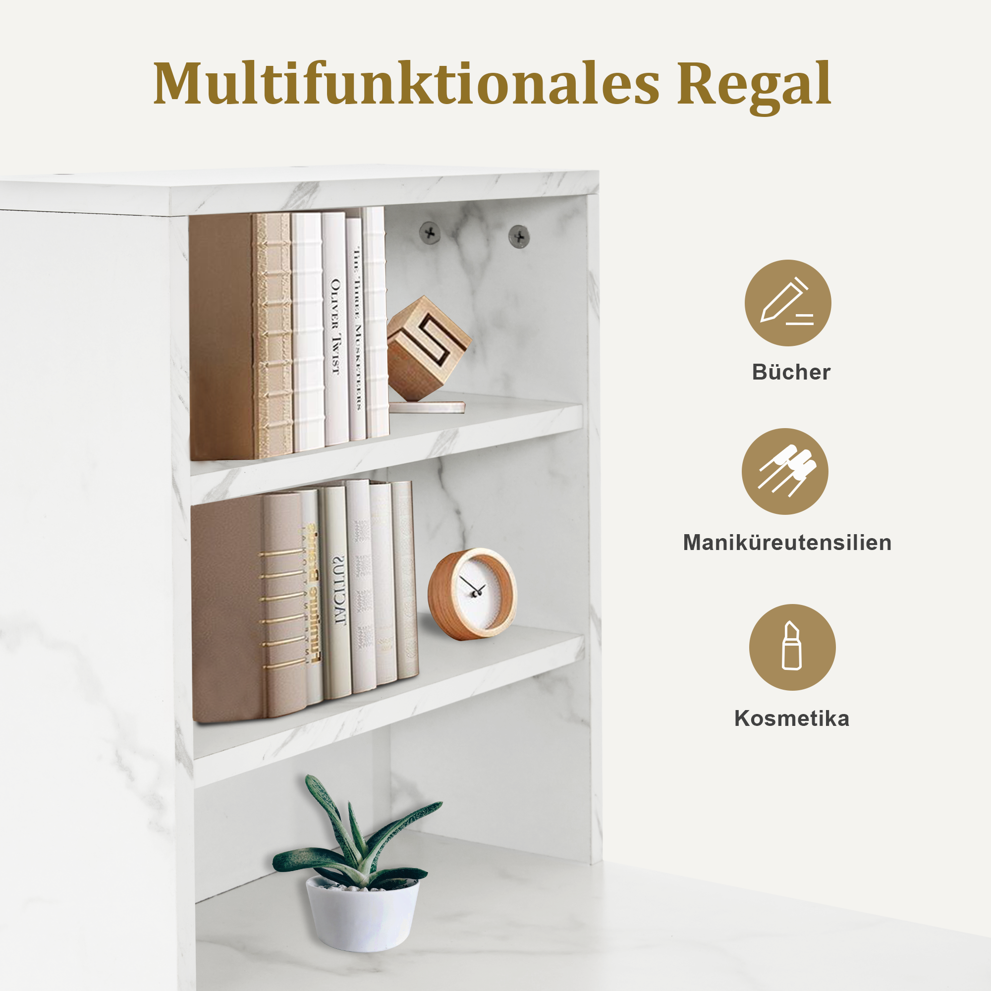Bureau de barbier avec 3 tiroirs, table à ongles en bois avec cadre en métal, table de manucure en marbre blanc doré, coiffeuse moderne sans miroir, bureau d'ordinateur avec étagère pour le salon, 43 x 108 x 125 cm, 2420