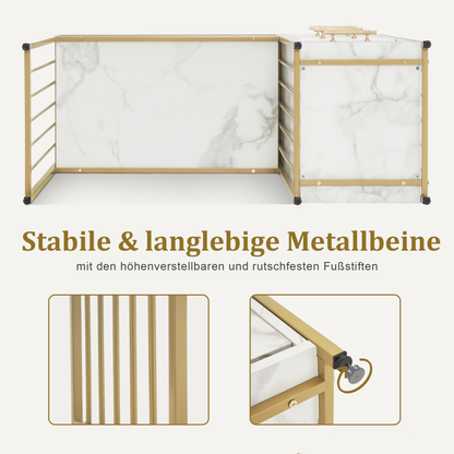 Barberpub Schreibtisch mit 3 Schubladen, Nageltisch aus Holz Metallgestell, Manikürtisch Marmor-Weiß Gold, Schminktisch ohne Spiegel Modern, Computertisch mit Regal Wohnzimmer, 43x108x125cm, 2420