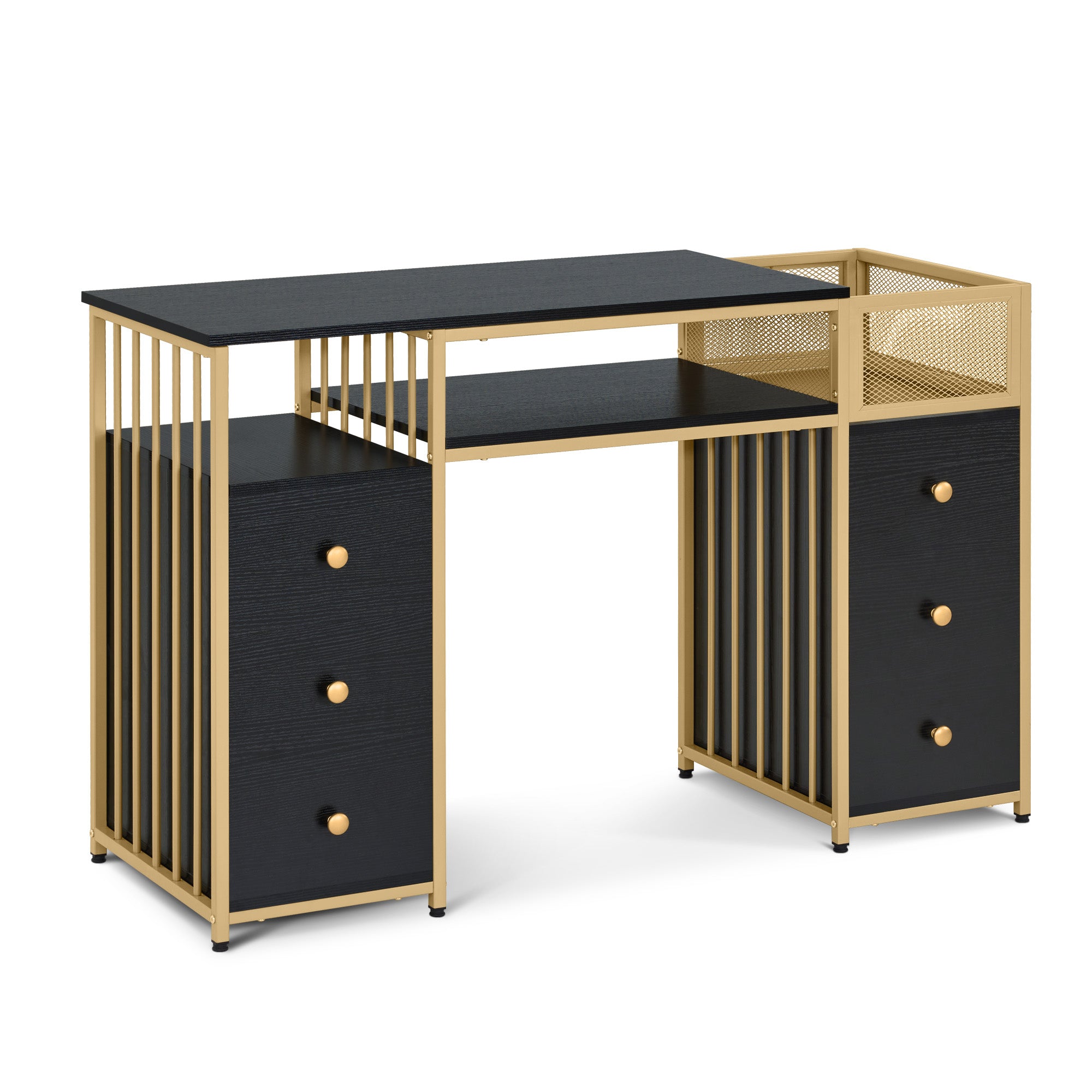 Coiffeuse Barberpub avec 6 tiroirs, table à ongles en bois et structure en métal, table de manucure, sans miroir, moderne, 46 x 125 x 81 cm, 2425