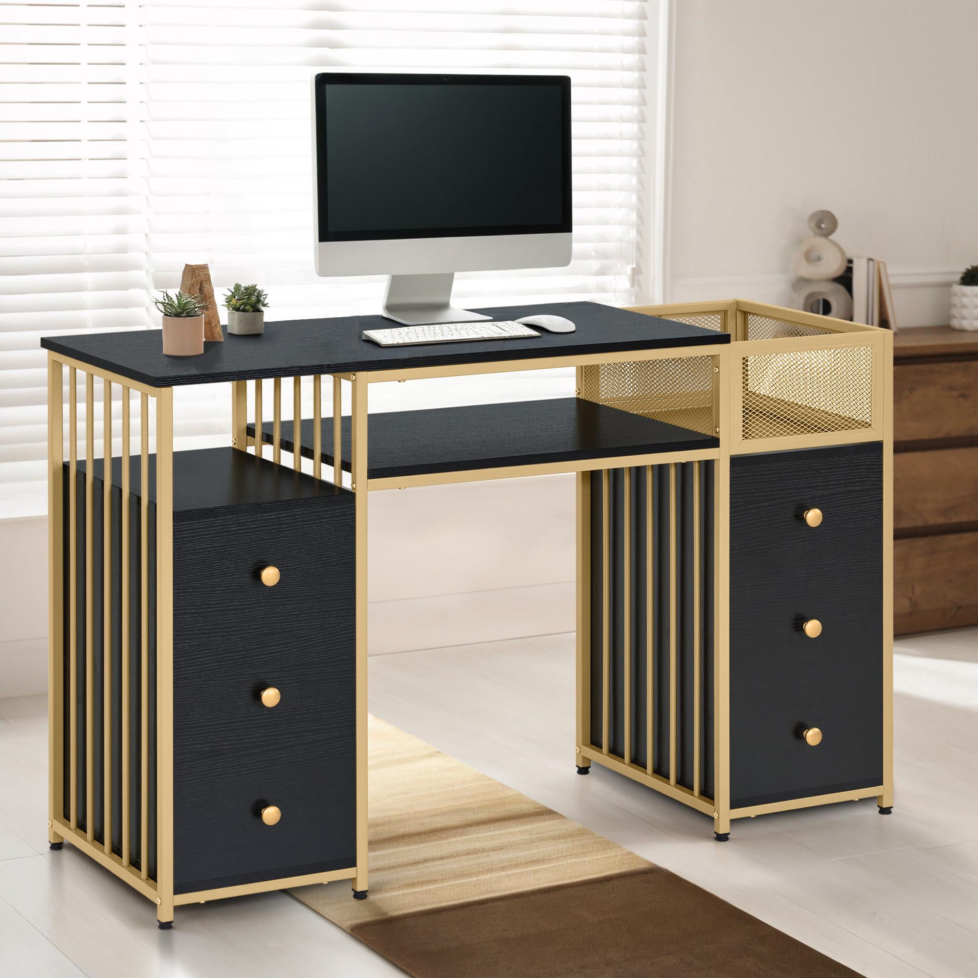 Coiffeuse Barberpub avec 6 tiroirs, table à ongles en bois et structure en métal, table de manucure, sans miroir, moderne, 46 x 125 x 81 cm, 2425