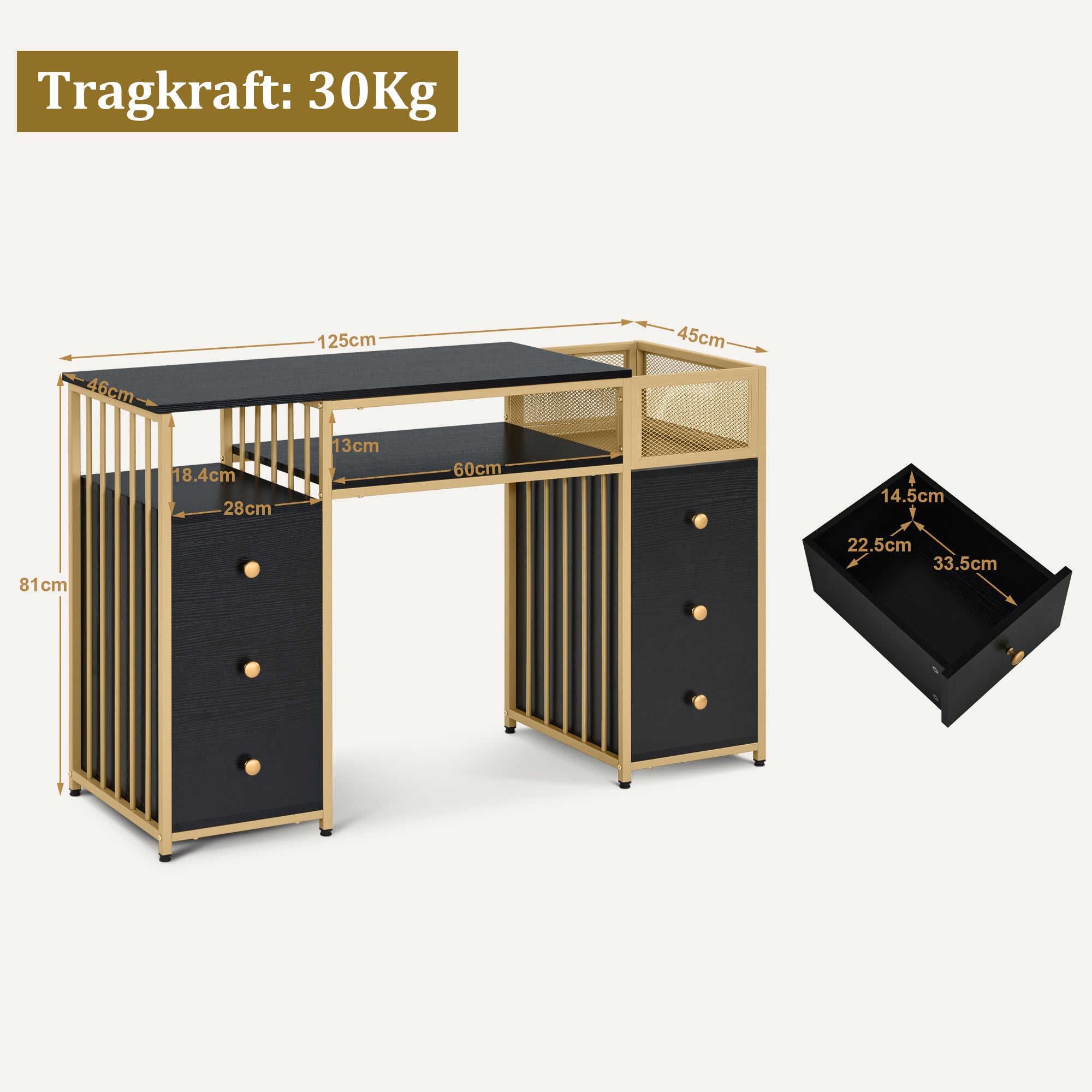 Coiffeuse Barberpub avec 6 tiroirs, table à ongles en bois et structure en métal, table de manucure, sans miroir, moderne, 46 x 125 x 81 cm, 2425