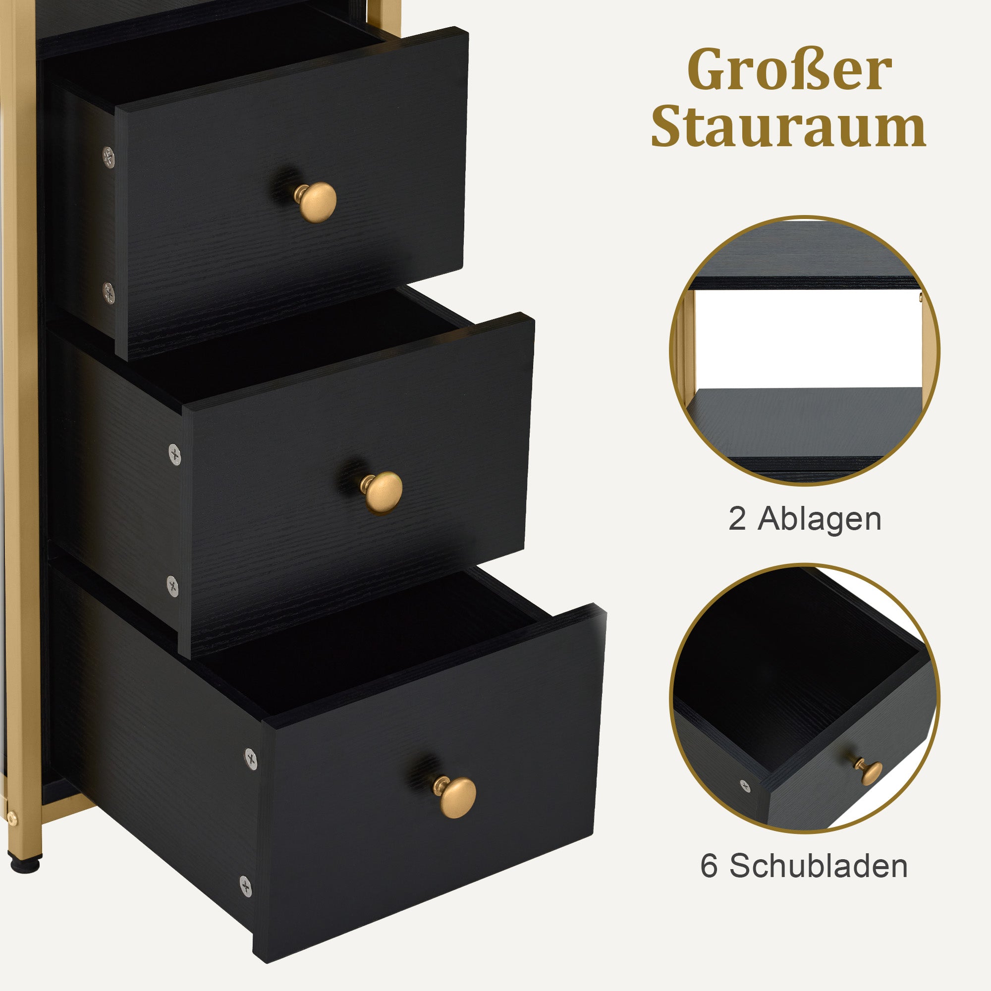 Coiffeuse Barberpub avec 6 tiroirs, table à ongles en bois et structure en métal, table de manucure, sans miroir, moderne, 46 x 125 x 81 cm, 2425