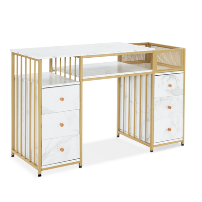 Coiffeuse Barberpub avec 6 tiroirs, table à ongles en bois et structure en métal, table de manucure, sans miroir, moderne, 46 x 125 x 81 cm, 2425