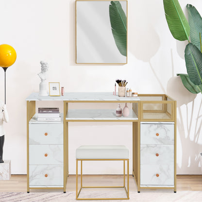 Coiffeuse Barberpub avec 6 tiroirs, table à ongles en bois et structure en métal, table de manucure, sans miroir, moderne, 46 x 125 x 81 cm, 2425