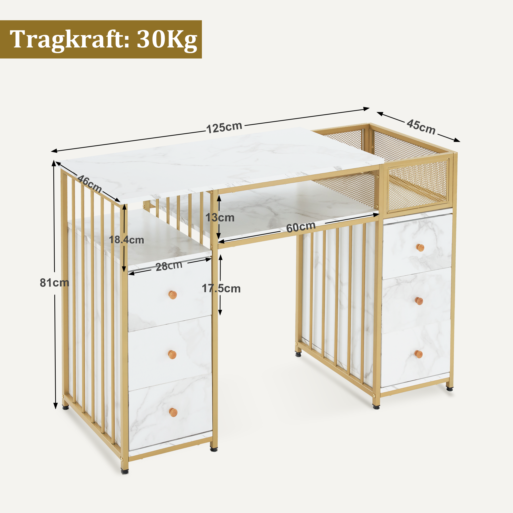 Coiffeuse Barberpub avec 6 tiroirs, table à ongles en bois et structure en métal, table de manucure, sans miroir, moderne, 46 x 125 x 81 cm, 2425