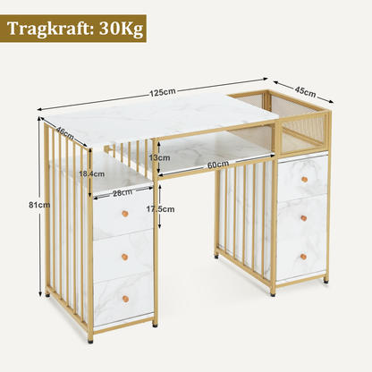 Coiffeuse Barberpub avec 6 tiroirs, table à ongles en bois et structure en métal, table de manucure, sans miroir, moderne, 46 x 125 x 81 cm, 2425