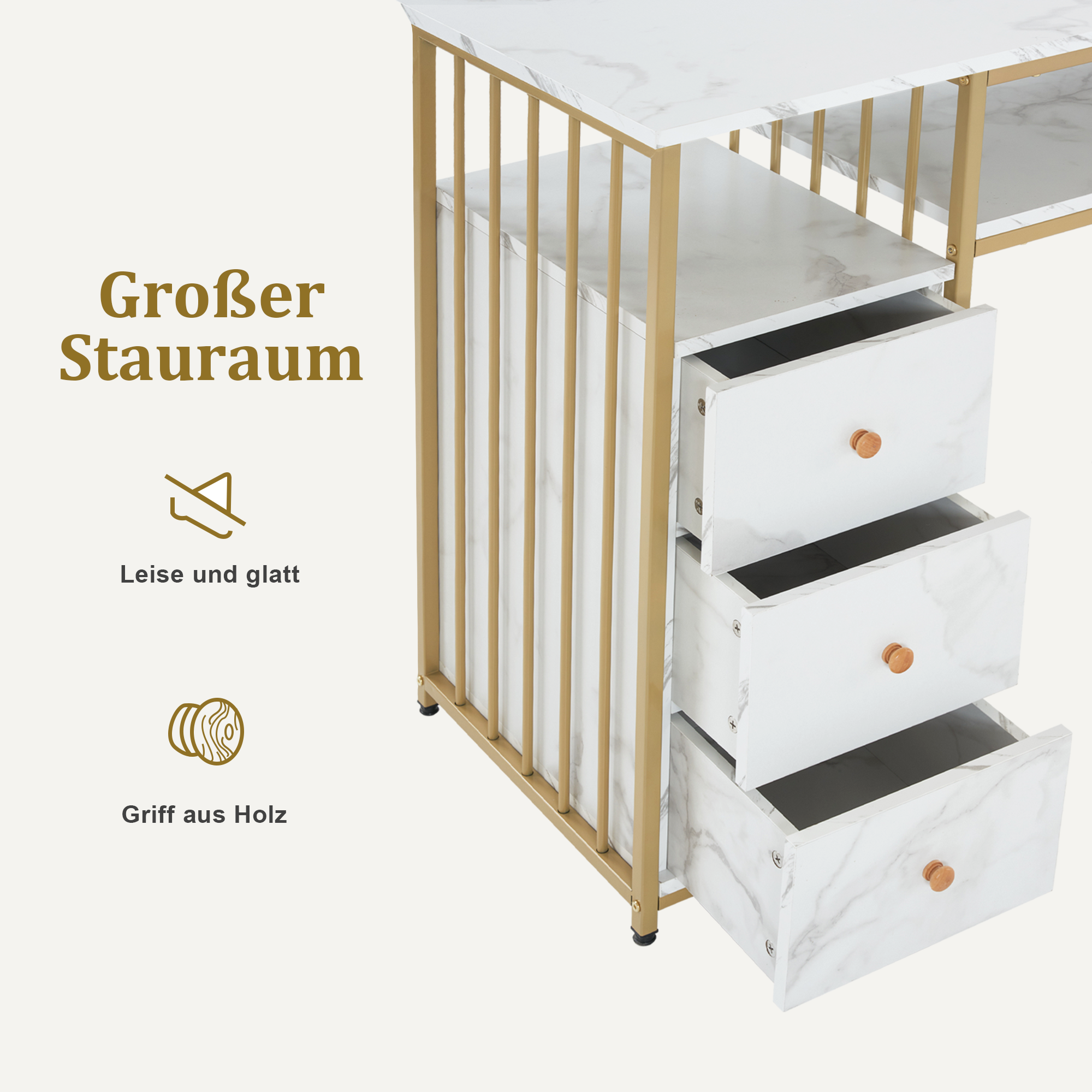 Coiffeuse Barberpub avec 6 tiroirs, table à ongles en bois et structure en métal, table de manucure, sans miroir, moderne, 46 x 125 x 81 cm, 2425