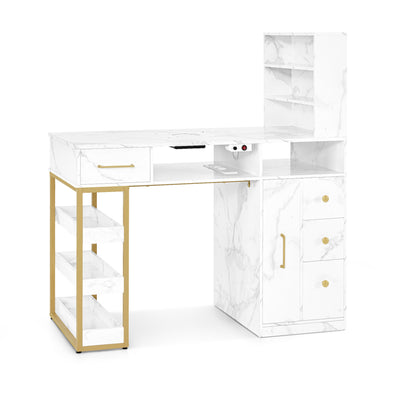 BarberPub Manicure Table with 4 Drawers, 2 Shelves, 5 Storage Compartments & 1 Pull-out Cabinet, Nail Table with Dust Collector, 2 Vacuum Bags, Nail Salon Desk for Beauty Salon, Marble White Gold, 2439