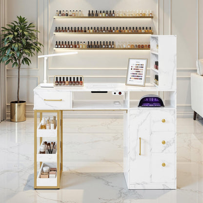 BarberPub Manikürtisch mit 4 Schubladen, 2 Regalen, 5 Ablagen & 1 Auszugsschrank, Nageltisch mit Absaugung, 2 Staubsaugerbeuteln, Nagelstudio Tisch für Beautysalon, Marmor-Weiß Gold, 2439