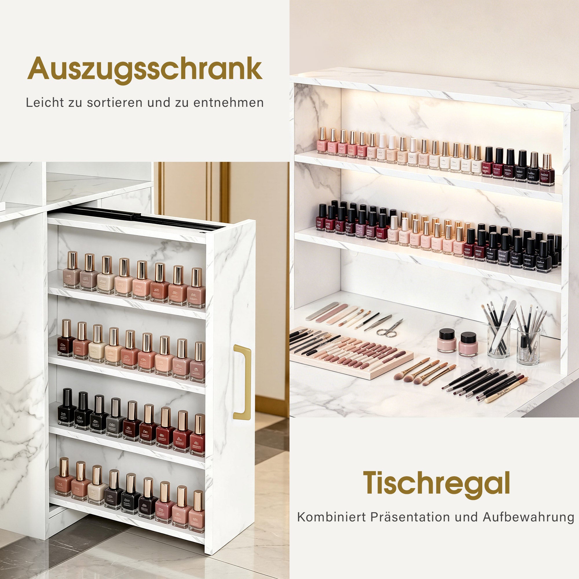 BarberPub Manikürtisch mit 4 Schubladen, 2 Regalen, 5 Ablagen & 1 Auszugsschrank, Nageltisch mit Absaugung, 2 Staubsaugerbeuteln, Nagelstudio Tisch für Beautysalon, Marmor-Weiß Gold, 2439