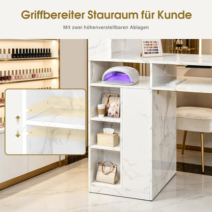 BarberPub Manikürtisch mit 4 Schubladen, 2 Regalen, 5 Ablagen & 1 Auszugsschrank, Nageltisch mit Absaugung, 2 Staubsaugerbeuteln, Nagelstudio Tisch für Beautysalon, Marmor-Weiß Gold, 2439