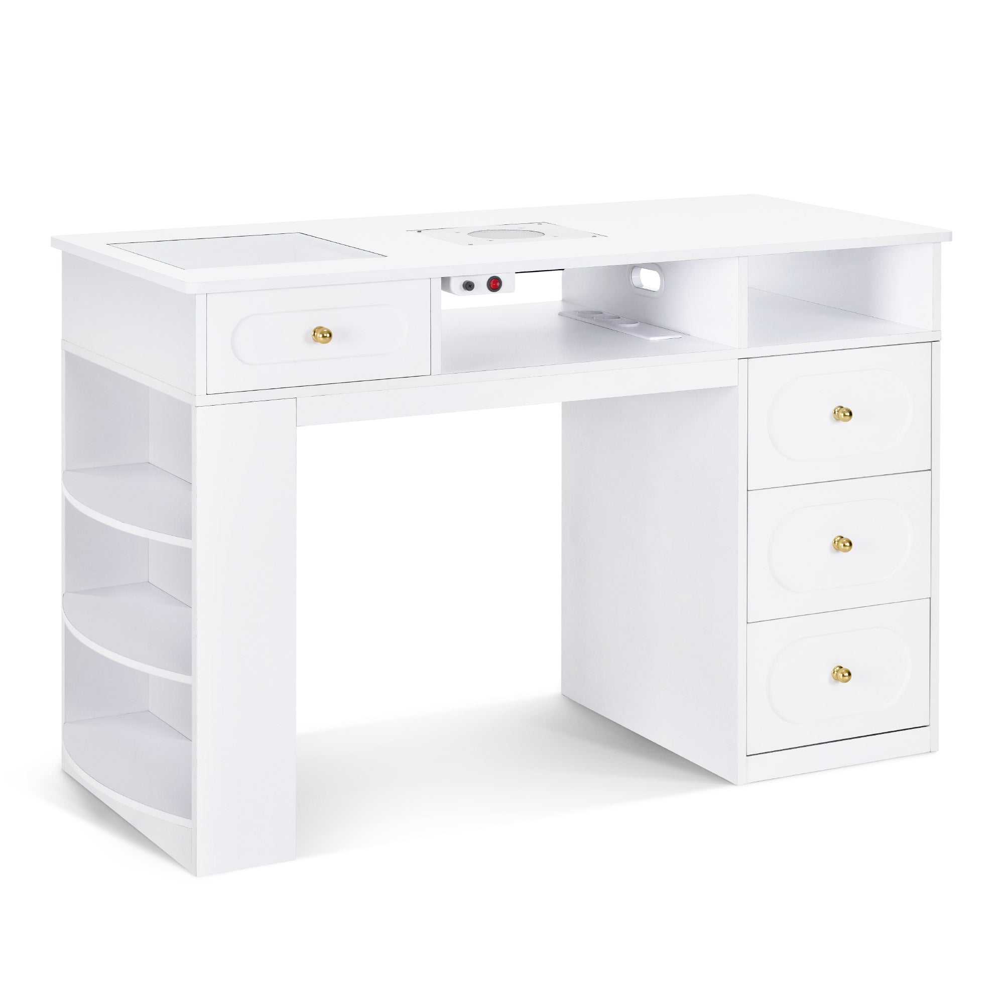 Table de manucure BarberPub avec 4 tiroirs, étagère, 2 tablettes et plateau en verre, table d'onglerie avec système d'extraction et 2 sacs d'aspirateur, table en bois pour salon de manucure, bureau pour studio d'ongles, blanc, 55 x 120 x 80 cm, 2442