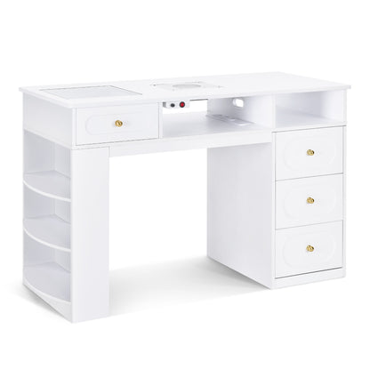 BarberPub Manikürtisch mit 4 Schubladen, Regal, 2 Ablagen & Glasplatte, Nageltisch mit Absaugung & 2 Staubsaugerbeuteln, Nagelfrisiertisch Holz, Schreibtisch für Nagelstudio Weiß, 55x120x80cm, 2442