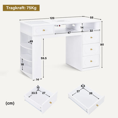 BarberPub Manicure Table with 4 Drawers, Shelf, 2 Shelves &amp; Glass Top, Nail Table with Extraction &amp; 2 Vacuum Cleaner Bags, Wooden Nail Salon Table, Desk for Nail Studio, White, 55x120x80cm, 2442