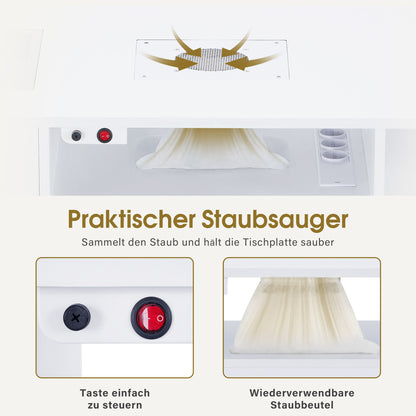 BarberPub Manikürtisch mit 4 Schubladen, Regal, 2 Ablagen & Glasplatte, Nageltisch mit Absaugung & 2 Staubsaugerbeuteln, Nagelfrisiertisch Holz, Schreibtisch für Nagelstudio Weiß, 55x120x80cm, 2442