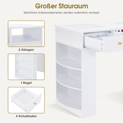 BarberPub Manicure Table with 4 Drawers, Shelf, 2 Shelves &amp; Glass Top, Nail Table with Extraction &amp; 2 Vacuum Cleaner Bags, Wooden Nail Salon Table, Desk for Nail Studio, White, 55x120x80cm, 2442