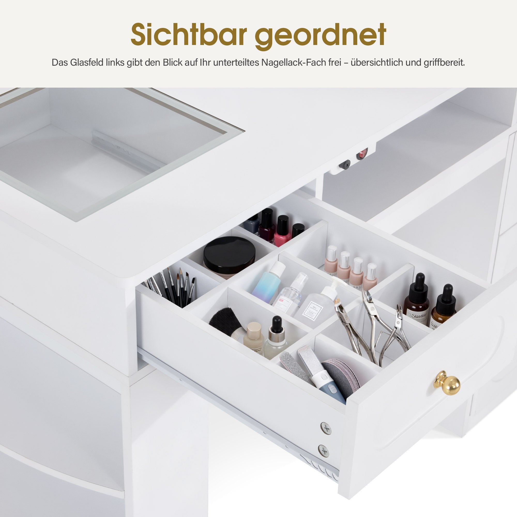 BarberPub Manikürtisch mit 4 Schubladen, Regal, 2 Ablagen & Glasplatte, Nageltisch mit Absaugung & 2 Staubsaugerbeuteln, Nagelfrisiertisch Holz, Schreibtisch für Nagelstudio Weiß, 55x120x80cm, 2442