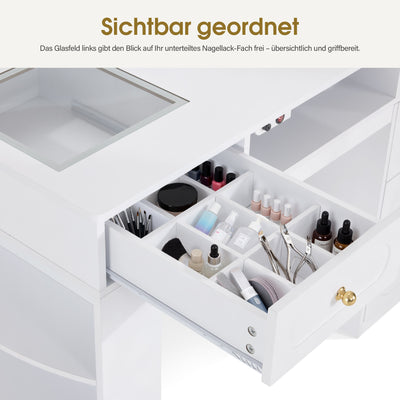 BarberPub Manicure Table with 4 Drawers, Shelf, 2 Shelves &amp; Glass Top, Nail Table with Extraction &amp; 2 Vacuum Cleaner Bags, Wooden Nail Salon Table, Desk for Nail Studio, White, 55x120x80cm, 2442