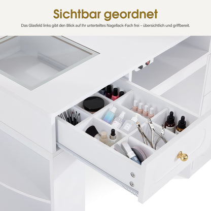 BarberPub Manikürtisch mit 4 Schubladen, Regal, 2 Ablagen & Glasplatte, Nageltisch mit Absaugung & 2 Staubsaugerbeuteln, Nagelfrisiertisch Holz, Schreibtisch für Nagelstudio Weiß, 55x120x80cm, 2442
