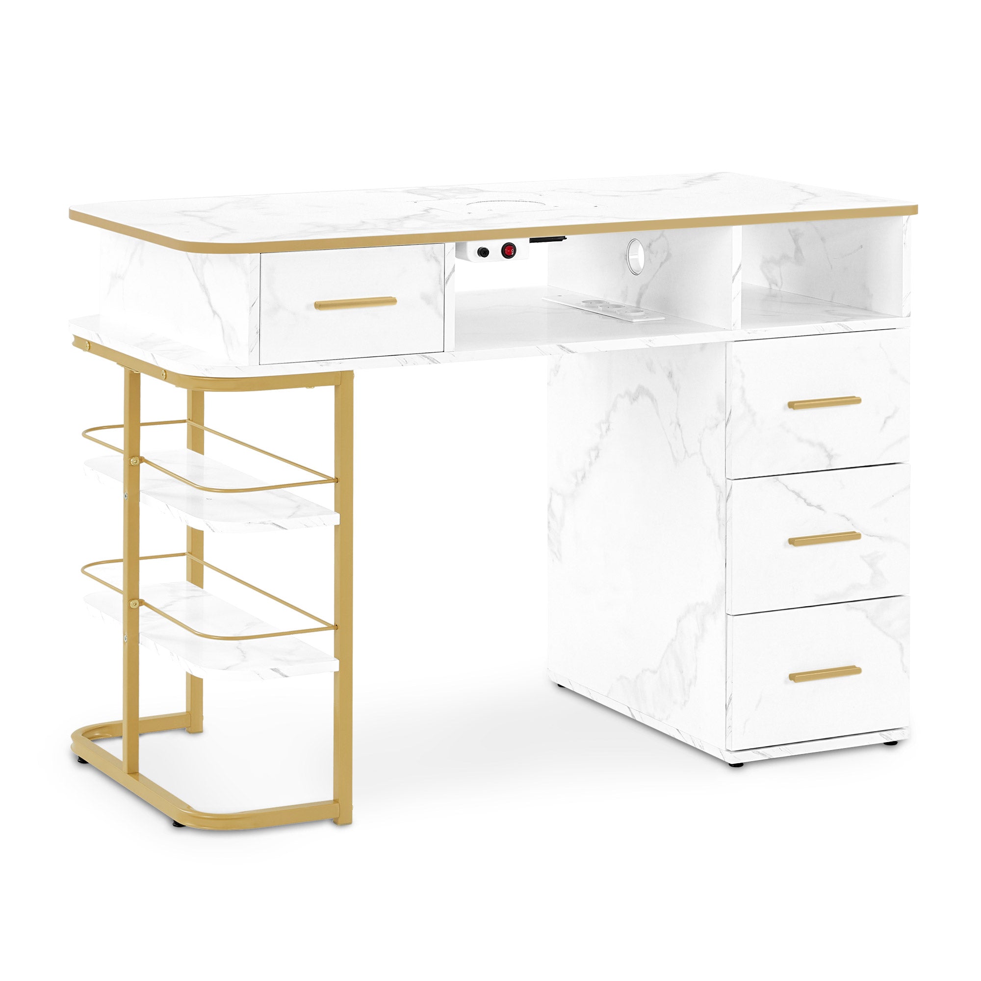 Table de manucure BarberPub avec 4 tiroirs, 1 étagère et 5 tablettes, table d'onglerie avec système d'extraction, 2 sacs d'aspirateur, table en bois pour salon de manucure, bureau pour studio d'onglerie, marbre blanc doré, 55 x 112 x 80 cm, 2464