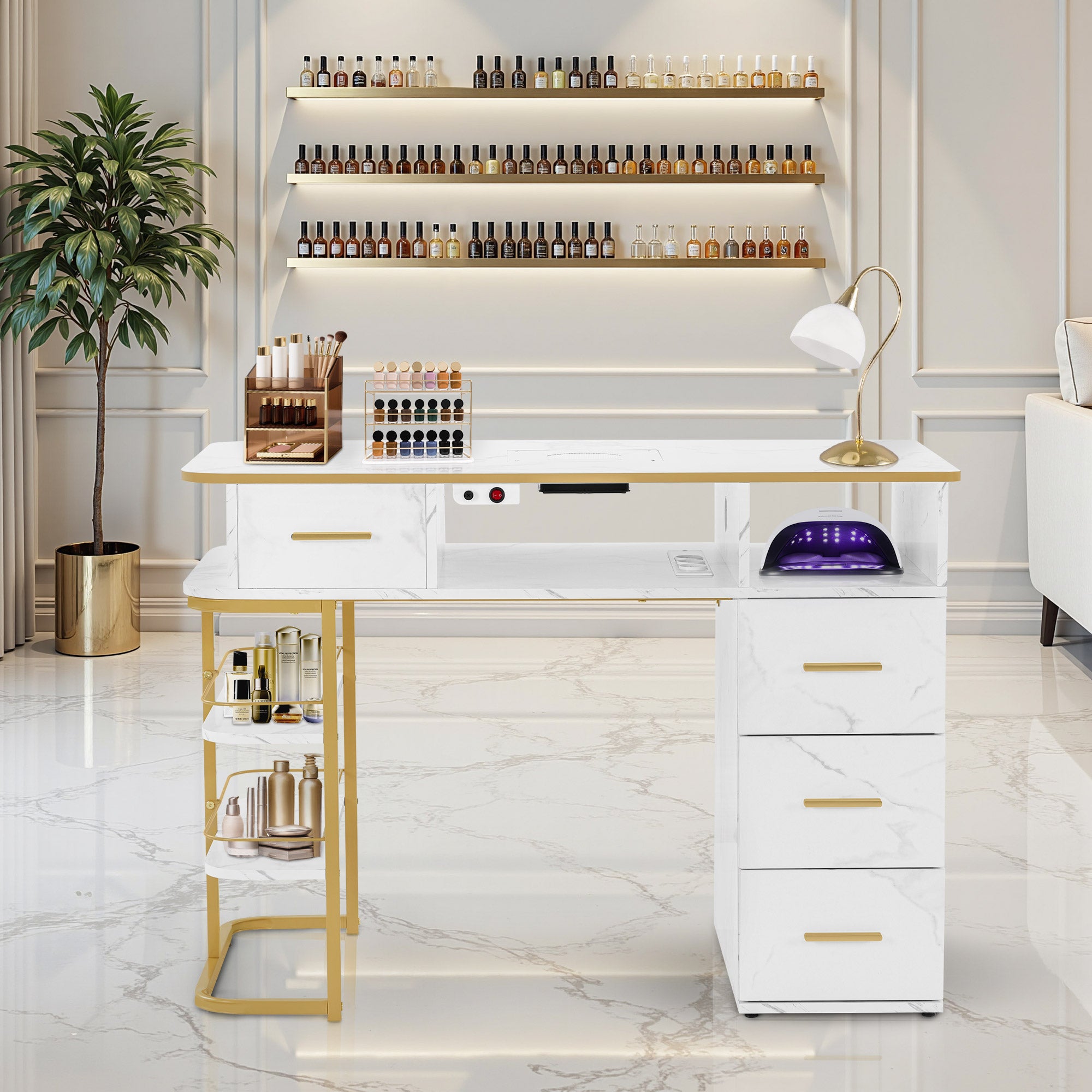 Table de manucure BarberPub avec 4 tiroirs, 1 étagère et 5 tablettes, table d'onglerie avec système d'extraction, 2 sacs d'aspirateur, table en bois pour salon de manucure, bureau pour studio d'onglerie, marbre blanc doré, 55 x 112 x 80 cm, 2464