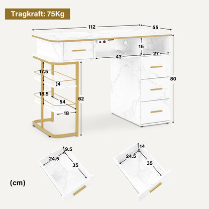 BarberPub Manicure Table with 4 Drawers, 1 Shelf &amp; 5 Shelves, Nail Table with Extraction, 2 Vacuum Cleaner Bags, Wooden Nail Salon Table, Desk for Nail Studio, Marble White Gold, 55x112x80cm, 2464