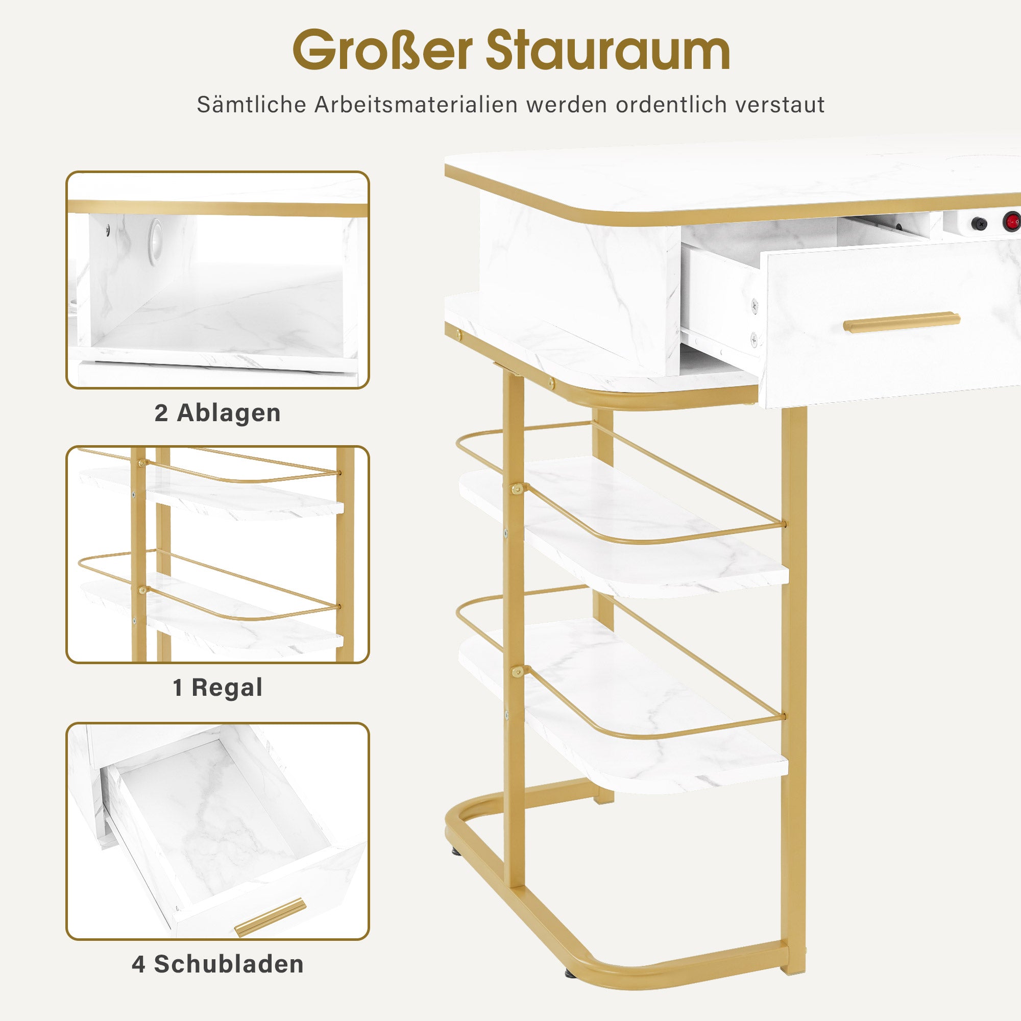 BarberPub Manicure Table with 4 Drawers, 1 Shelf &amp; 5 Shelves, Nail Table with Extraction, 2 Vacuum Cleaner Bags, Wooden Nail Salon Table, Desk for Nail Studio, Marble White Gold, 55x112x80cm, 2464