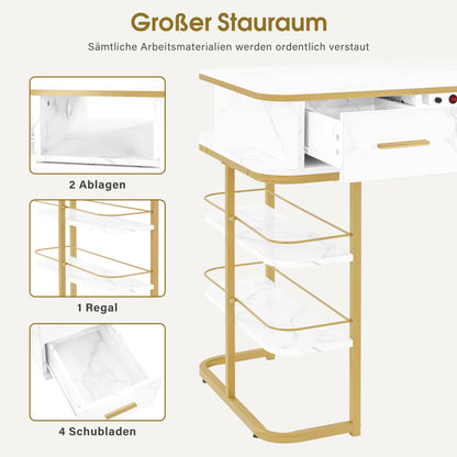 BarberPub Manicure Table with 4 Drawers, 1 Shelf &amp; 5 Shelves, Nail Table with Extraction, 2 Vacuum Cleaner Bags, Wooden Nail Salon Table, Desk for Nail Studio, Marble White Gold, 55x112x80cm, 2464