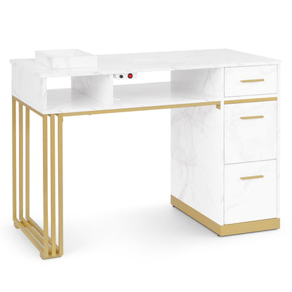 BarberPub Manicure Table with 3 Drawers &amp; 2 Shelves, Nail Table with Extractor, 2 Vacuum Bags, Wooden Nail Salon Table, Desk for Nail Studio, Marble-White Gold, 57 x 112 x 80 cm, 2472