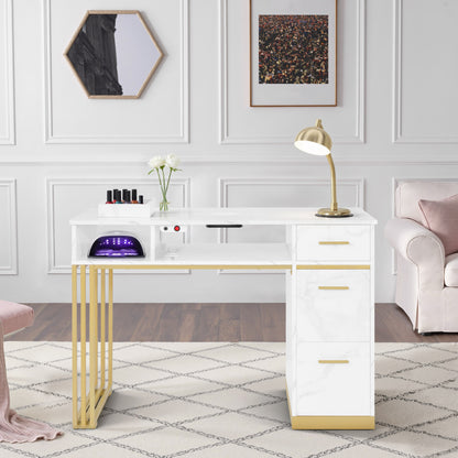 BarberPub Manicure Table with 3 Drawers &amp; 2 Shelves, Nail Table with Extractor, 2 Vacuum Bags, Wooden Nail Salon Table, Desk for Nail Studio, Marble-White Gold, 57 x 112 x 80 cm, 2472