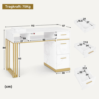 BarberPub Manicure Table with 3 Drawers &amp; 2 Shelves, Nail Table with Extractor, 2 Vacuum Bags, Wooden Nail Salon Table, Desk for Nail Studio, Marble-White Gold, 57 x 112 x 80 cm, 2472