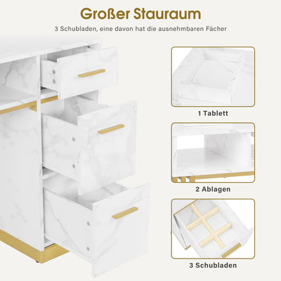 Table de manucure BarberPub avec 3 tiroirs et 2 étagères, table à ongles avec extracteur, 2 sacs d'aspirateur, table de salon de manucure en bois, bureau pour salon de manucure, marbre blanc doré, 57 x 112 x 80 cm, 2472