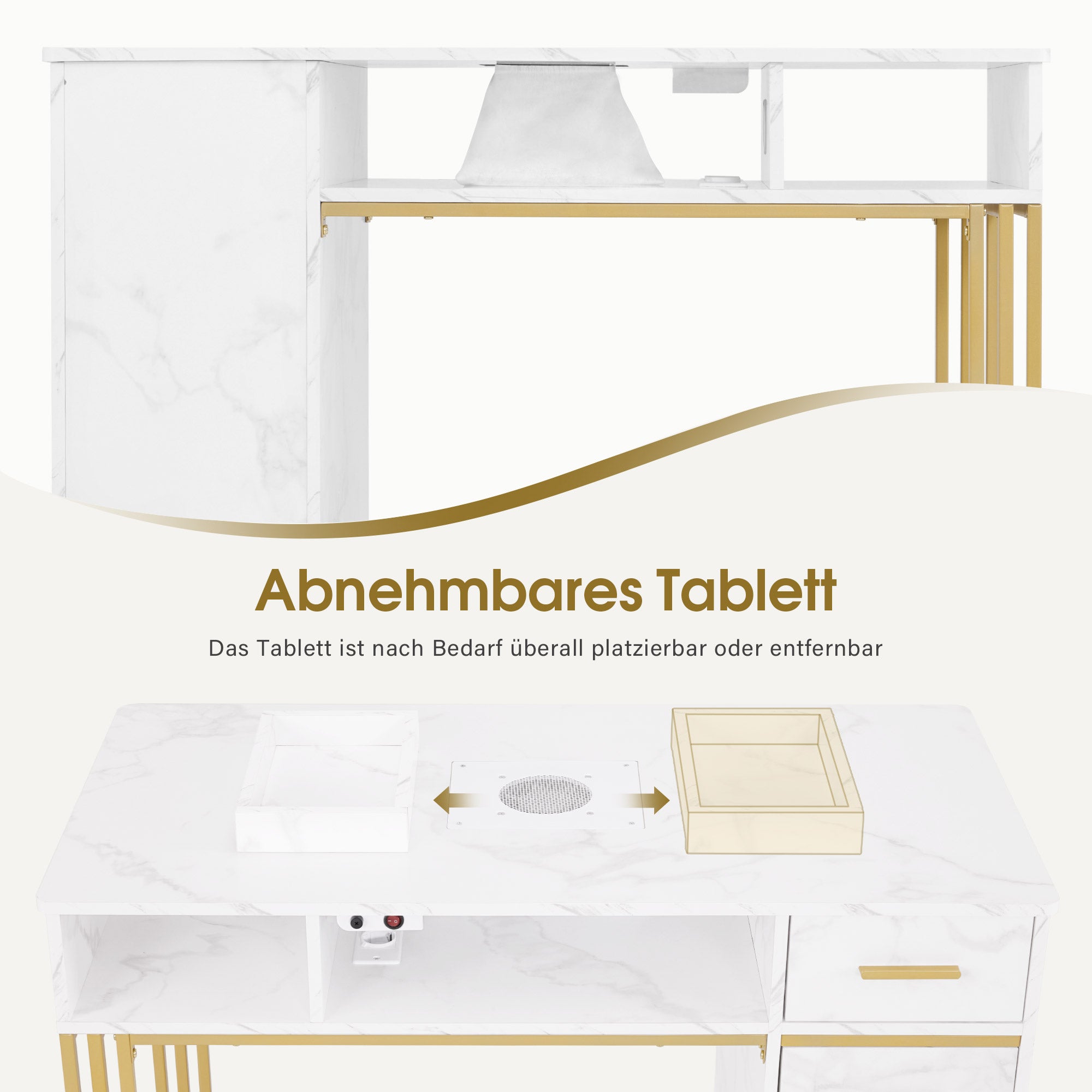 BarberPub Manicure Table with 3 Drawers &amp; 2 Shelves, Nail Table with Extractor, 2 Vacuum Bags, Wooden Nail Salon Table, Desk for Nail Studio, Marble-White Gold, 57 x 112 x 80 cm, 2472