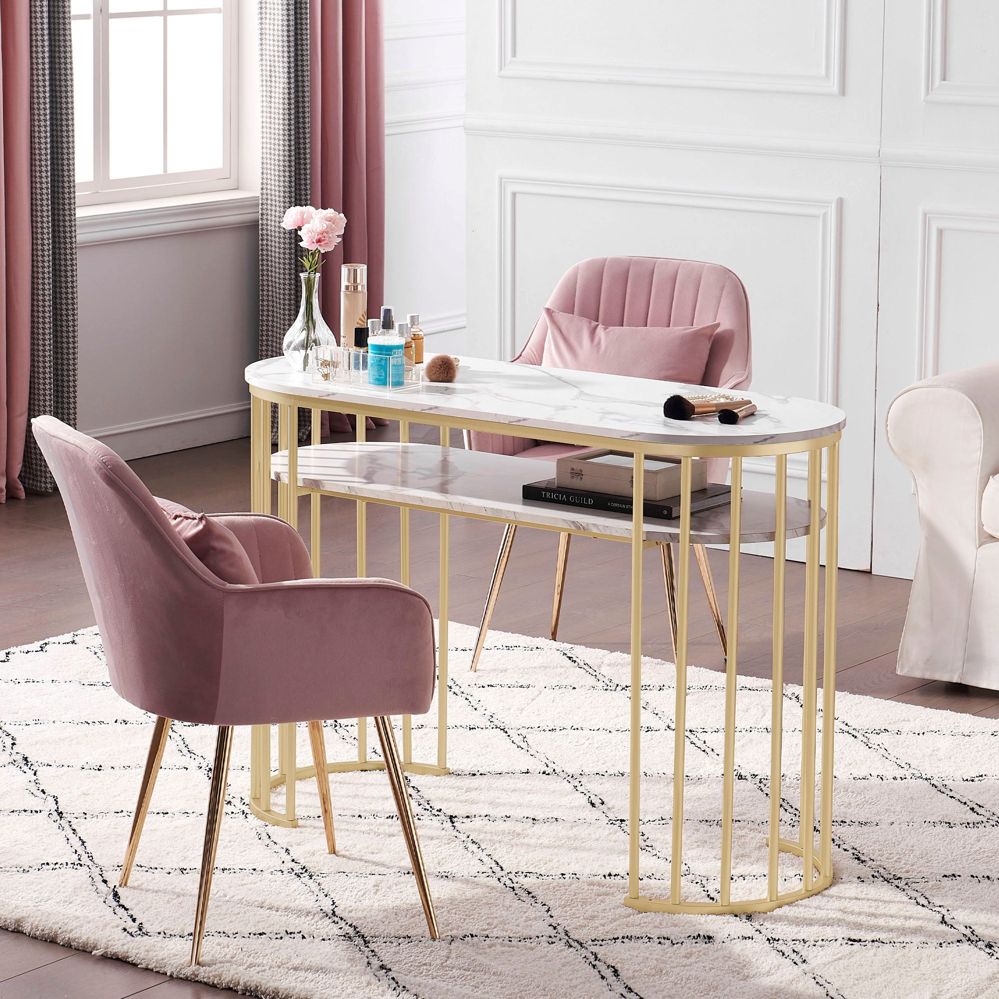 BarberPub Table de manucure sans tiroirs, coiffeuse sans miroir, marbre blanc doré, table de manucure, table à ongles en bois avec cadre en métal, table d'ordinateur pour le salon, moderne, 45 x 114 x 78 cm, 2482