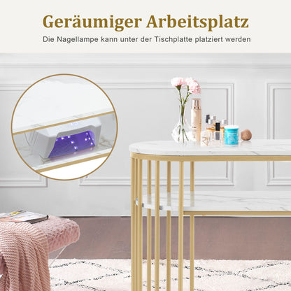 BarberPub Table de manucure sans tiroirs, coiffeuse sans miroir, marbre blanc doré, table de manucure, table à ongles en bois avec cadre en métal, table d'ordinateur pour le salon, moderne, 45 x 114 x 78 cm, 2482
