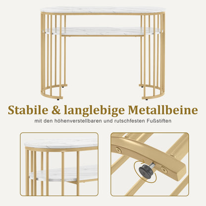 BarberPub Table de manucure sans tiroirs, coiffeuse sans miroir, marbre blanc doré, table de manucure, table à ongles en bois avec cadre en métal, table d'ordinateur pour le salon, moderne, 45 x 114 x 78 cm, 2482