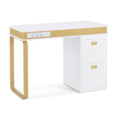 Bureau BarberPub avec tiroirs pour salon de manucure, table de manucure 3 prises, coiffeuse sans miroir, blanc-doré, table à ongles en bois avec cadre en métal, table de salon de manucure, 50 x 110 x 80,5 cm, 2484