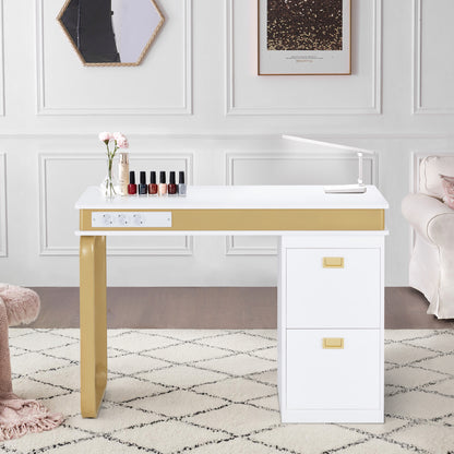 BarberPub Desk with Drawers for Nail Salon, Manicure Table with 3 Outlets, Dressing Table without Mirror White-Gold, Wooden Nail Table with Metal Frame, Nail Salon Table, 50x110x80.5cm, 2484