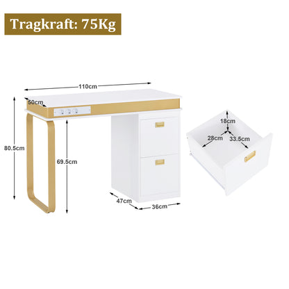 BarberPub Desk with Drawers for Nail Salon, Manicure Table with 3 Outlets, Dressing Table without Mirror White-Gold, Wooden Nail Table with Metal Frame, Nail Salon Table, 50x110x80.5cm, 2484