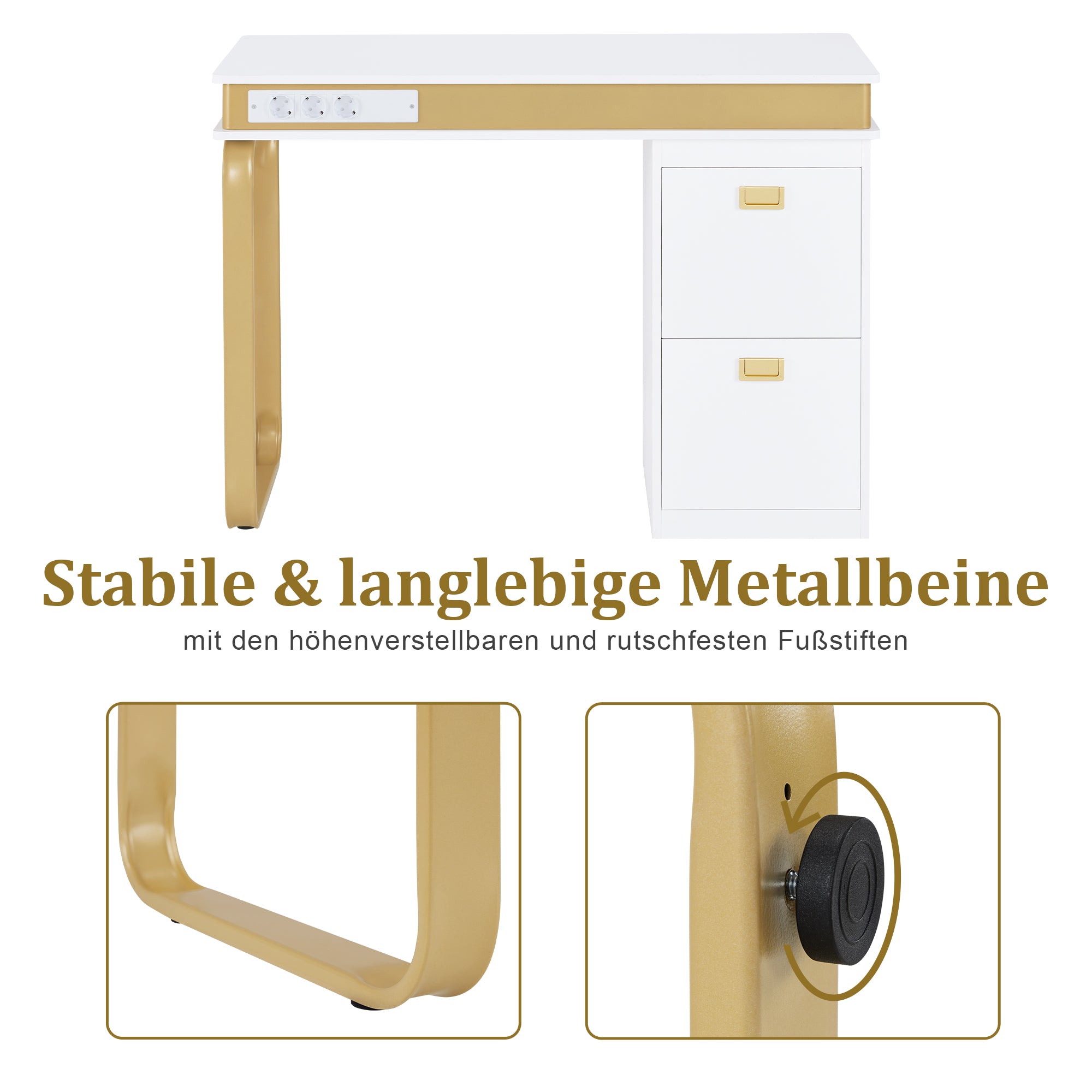 BarberPub Desk with Drawers for Nail Salon, Manicure Table with 3 Outlets, Dressing Table without Mirror White-Gold, Wooden Nail Table with Metal Frame, Nail Salon Table, 50x110x80.5cm, 2484