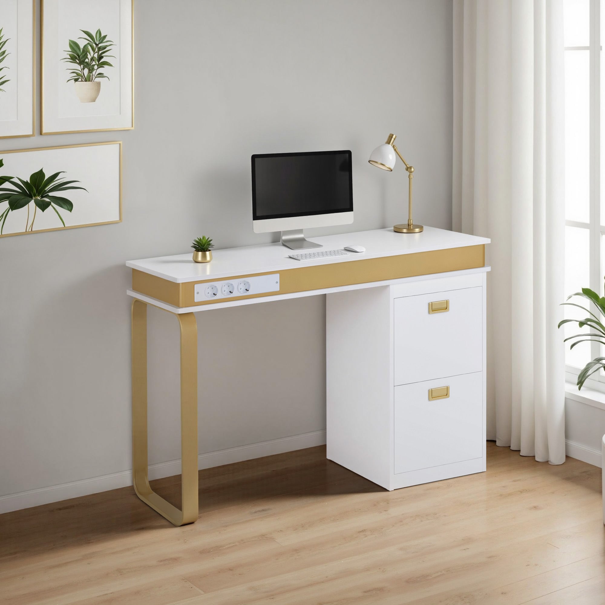 BarberPub Desk with Drawers for Nail Salon, Manicure Table with 3 Outlets, Dressing Table without Mirror White-Gold, Wooden Nail Table with Metal Frame, Nail Salon Table, 50x110x80.5cm, 2484