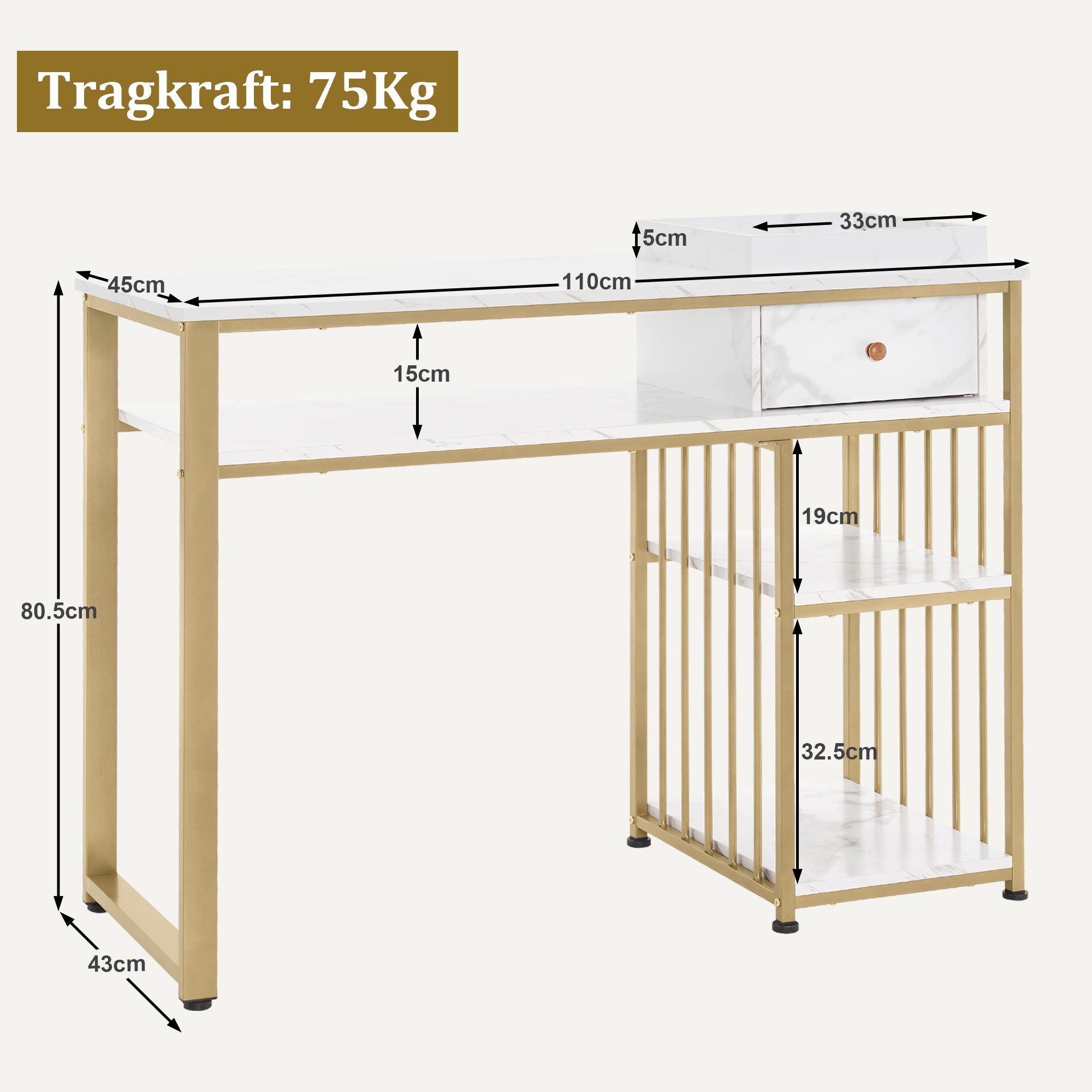 Coiffeuse BarberPub avec tiroirs, table à ongles avec étagère, table de manucure en bois et structure en métal, coiffeuse sans miroir pour salon moderne, marbre-or blanc, 45 x 110 x 80,5 cm, 2498