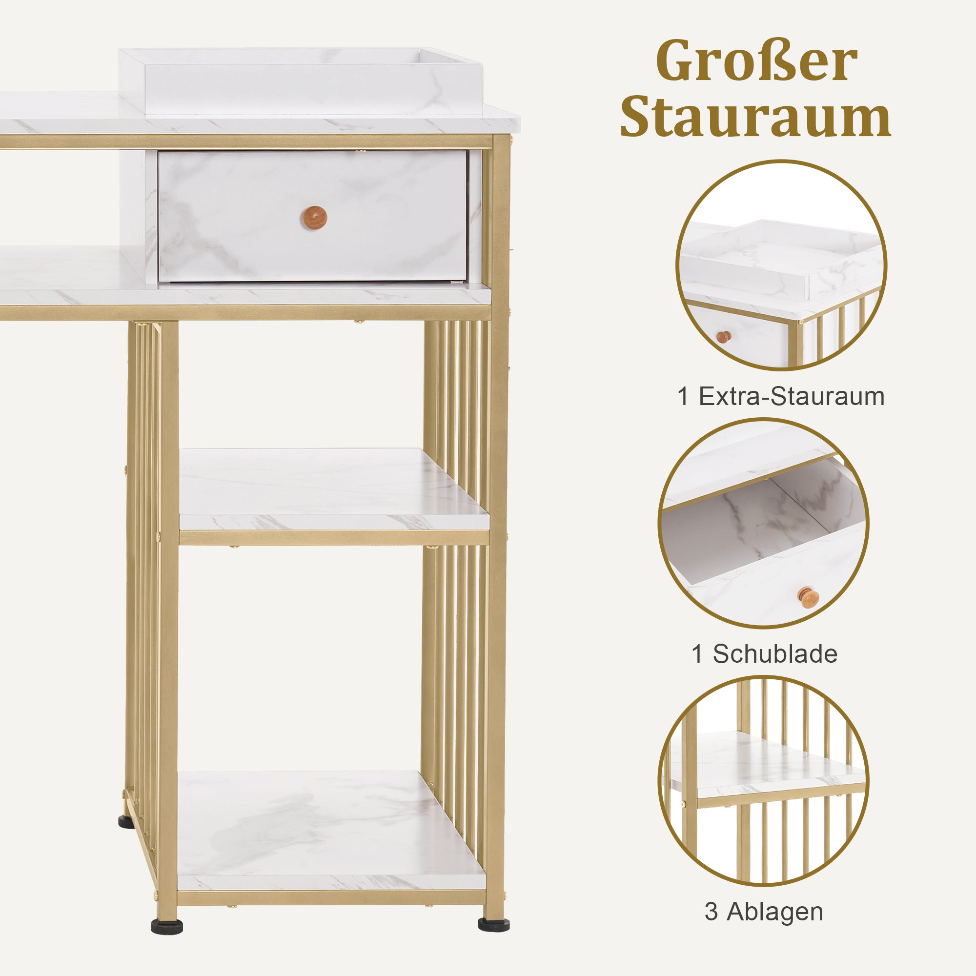 Coiffeuse BarberPub avec tiroirs, table à ongles avec étagère, table de manucure en bois et structure en métal, coiffeuse sans miroir pour salon moderne, marbre-or blanc, 45 x 110 x 80,5 cm, 2498