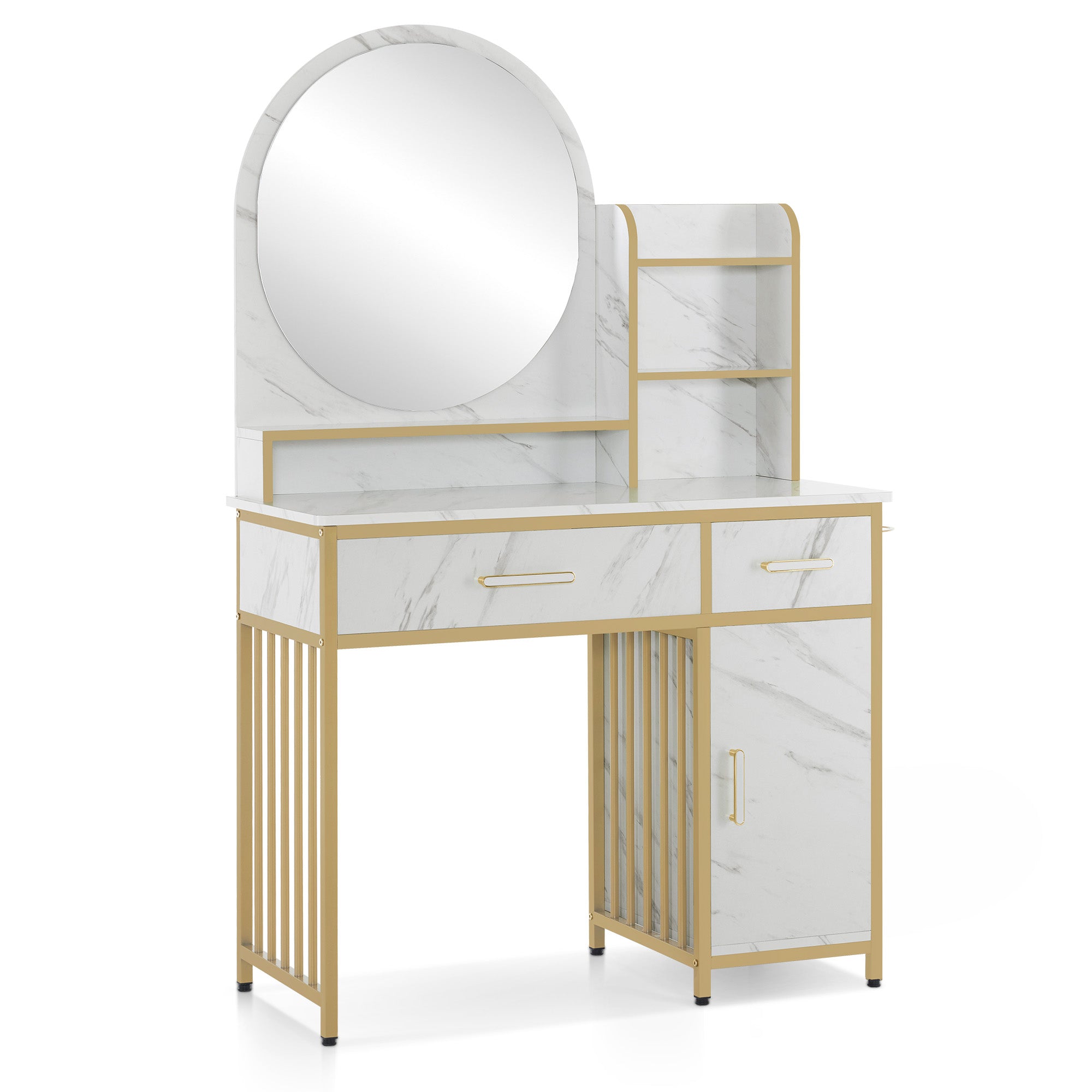 Coiffeuse de barbier avec miroir, coiffeuse avec 2 tiroirs, 3 étagères ouvertes, support pour sèche-cheveux, table cosmétique en bois et structure en métal, marbre-or blanc, 43*104*147,5 cm, 2501 