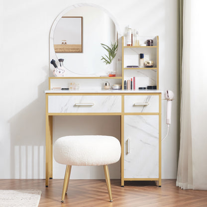 Coiffeuse de barbier avec miroir, coiffeuse avec 2 tiroirs, 3 étagères ouvertes, support pour sèche-cheveux, table cosmétique en bois et structure en métal, marbre-or blanc, 43*104*147,5 cm, 2501 